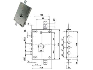 Serratura trip.applicare c/scrocco regolabile cil. eur. blindate 50137 - mm.63, interasse catenacci mm.37 - in acciaio zincato, catenacci cromati, per cilindro europeo, scrocco reversibile ø 20, regolabile di mm.5, azionabile da chia...