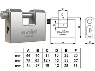 Lucchetto monoblocco fai by viro - mm.66 (art.4042) - corpo monoblocco in acciaio cementato, temprato, ramato e nichelato, protetto da vernice trasparente, con spigoli smussati an...
