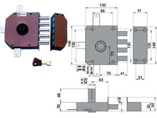 Serratura quintuplice da applicare senza scrocco a pompa 30640 - mm.60 SX cilindro ø mm.30 (30640VS60JE) - 4 mandate, scatola in acciaio verniciato, catenacci a pistoni in acciaio cromato, dotazione 1 mostrina, 1 ferrogliera, 4 pass...
