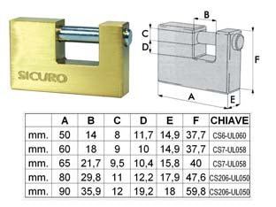 Lucchetto rettangolare in ottone - mm.80 - corpo in ottone lucido, asta in acciaio temperato cromato, dotazione 3 chiavi