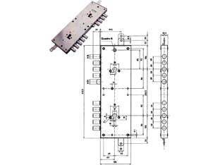 Serratura triplice applicare multif. scrocco cil. eur. blindate 85574 - mm.63 SX (85574S) - scatola mm.136x412,5h. in acciaio con rivestimento in zinco, catenacci e scrocco in acciaio nichelato, 2 mandate, quadro mani...