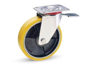 Ruote industriali poliuret. nucleo ghisa e piastra girevole freno 24 - ø mm.100x25 piastra mm.100x85 - 128h. p. kg.120 - supporto tipo medio fisso fisso in acciaio stampato zinco-cromato con dispositivo di bloccaggio rotazione ruota, ruota con ri...