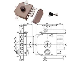 Serratura quintuplice applicare con scrocco con pomolo a pompa 30651 - mm.60 SX cilindro ø mm.30 (30651VS60J) - 4 mandate, scatola in acciaio verniciato, catenacci a pistoni in acciaio cromato, dotazione 1 mostrina, 1 ferrogliera,  2 pas...