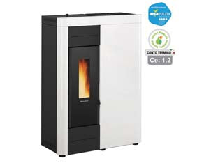 Stufa a pellet virna idro 14,5 kw bianca (conto termico) - misure cm.79,3x38,4x110,5h. peso kg.151 - 4,5/15,6 Kw potenza termica globale per mc.415 riscaldabili, 1,3/14,5 potenza nominale utile, 3,7/12,3 Kw resa nell'acqua, co...