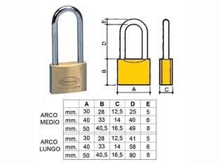 Lucchetto ottone arco lungo 2700 - mm.30 arco medio (2770S) - in ottone massiccio, arco in acciaio cementato e cromato con doppia ritenuta e rotazione di 360°, in dotazione: 2 chiavi