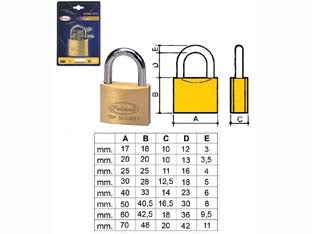 Lucchetto ottone arco normale 2700 in blister - mm.40 (2740B) - in ottone massiccio, arco in acciaio cementato e cromato con doppia ritenuta e rotazione di 360°, in dotazione: 2 chiavi