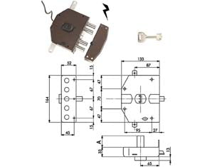 Elettroserratura triplice applicare a pompa segreta 6823 - mm.65 lunghezza cilindro mm.60, dx (Y6823560) - per porte in legno, finitura marrone, scrocco azionabile da chiave e da impulso elettrico a distanza, catenacci a 2 aste azio...