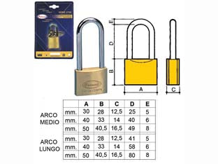 Lucchetto ottone arco lungo 2700 in blister - mm.40 arco lungo (2780B) - in ottone massiccio, arco in acciaio cementato e cromato con doppia ritenuta e rotazione di 360°, in dotazione: 2 chiavi