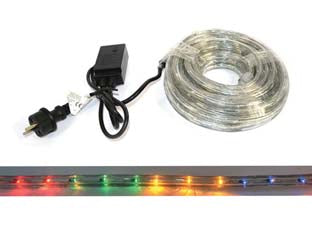 Tubo luminoso 216 led 3 vie multicolor uso int.est. c/gioco luci mt.10 - mt.1 + 9 - 24 led/mt. - tensione 220-250v/50Hz, con spina SCHUKO, grado di isolamento IP44