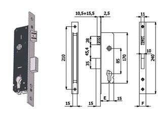 Serratura da infilare per montanti catenaccio e scrocco 1300 - mm.35 interasse mm.85 (1300.35.22) - scatola e coperchio in acciaio zincato e plastificato, frontale in acciaio inox mm.22, catenaccio in lega speciale nichelata,...