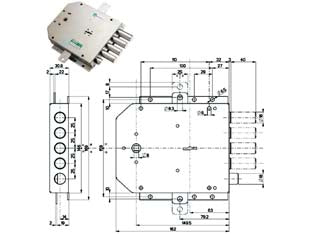 Serratura triplice applicare con scrocco doppia mappa blindate 50555 - mm.63 SX (50555S) - scatola in acciaio zincato, catenacci e scrocco a pistoni con interasse mm.25 in acciaio cromato, 4 mandate, scrocco azionato...