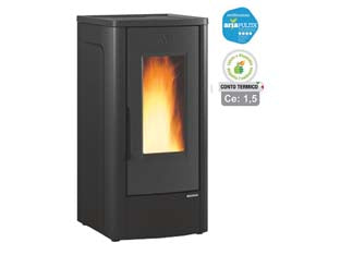 Stufa a pellet dahiana 5.0 10 kw nera (conto termico) - misure cm.52,5x60,2x108,0h. - peso Kg.153 - 4,1/10,9 Kw potenza termica globale, 3,8/10,0 Kw potenza nominale utile per mc.287 riscaldabili , consumo 0,8/2,2 Kg/h., port...