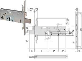 Serratura triplice da infilare per fasce a cilindro europeo mm.64 h 56357 - mm.90 (56357900) - scatola in acciaio zincato, frontale in acciaio inox, tre mandate, catenaccio e scrocco reversibile nichelato, quadro manigli...