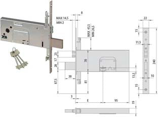 Elettroserratura tripl. infil. fasce doppia mappa rullo mm.78 h 57365 - mm.90 (57365900) - scatola con rivestimento in zinco, frontale in acciaio inox con bordo quadro, catenaccio in acciaio nichelato, rullo regolabi...