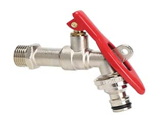 Rubinetto a sfera con manglia a leva e chiusura con lucchetto - M 3/4' con portagomma F 1' - corpo in ottone nichelato, con ghiera a vite, maniglia a leva, in lega di alluminio, gancio per chisura con lucchetto