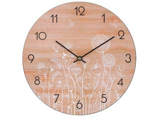 Orologio muro fiori e legno - ø cm.30 - MDF truciolare, decoro stampato, gancio per appendere, alimentazione 1 pila AA  non inclusa